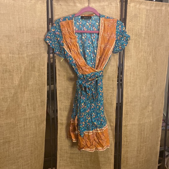 Boho Teal & Orange Wrap Dress - Picture 8 of 17